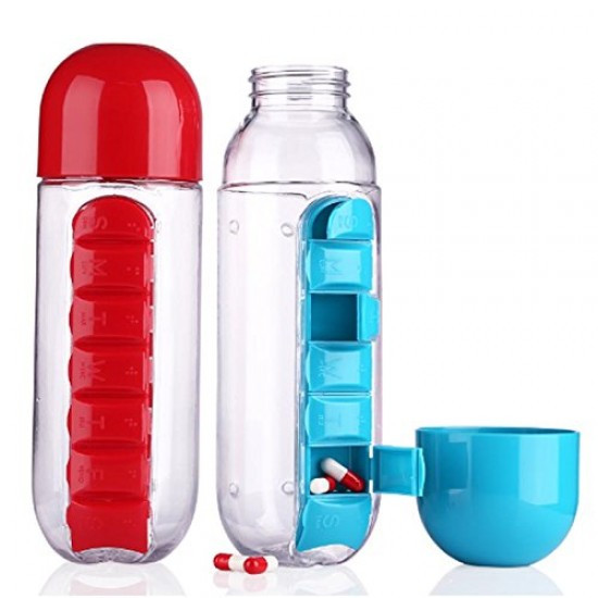 7 days Medicine Water Bottle with Pill Holder, Portable Inserted Pill Reminder 600 ml Bottle  (Pack of 1, Multicolor, Plastic)
