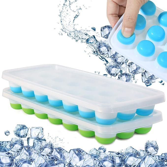 Cavity Pop Up Ice Cube Trays for Freezer with Lid with Easy Release Flexible Silicone Bottom, Stackable, 100% BPA Free, Food Grade for Freezer, Cocktail